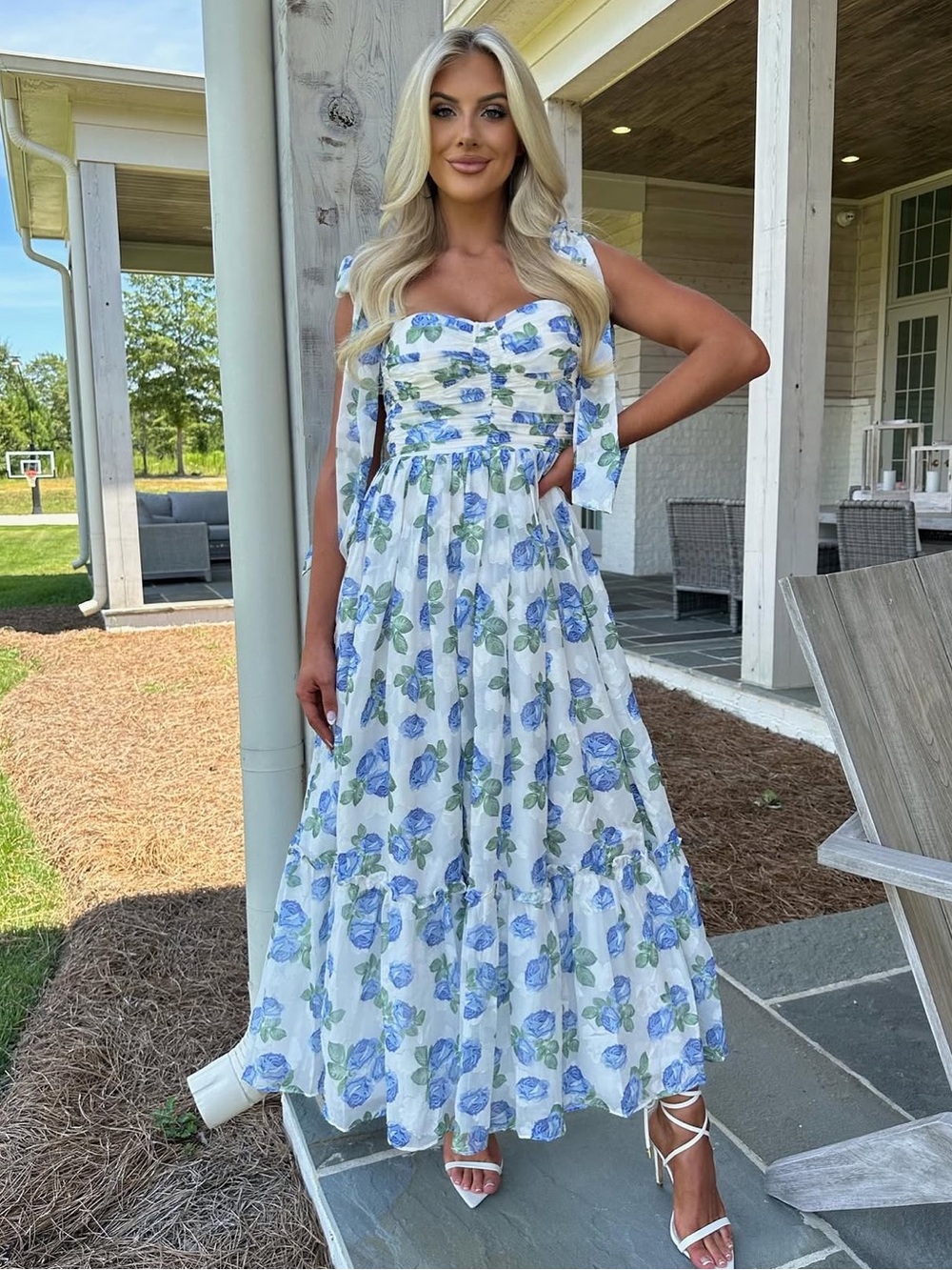 Blue Floral Tie-Strap Maxi Dress
